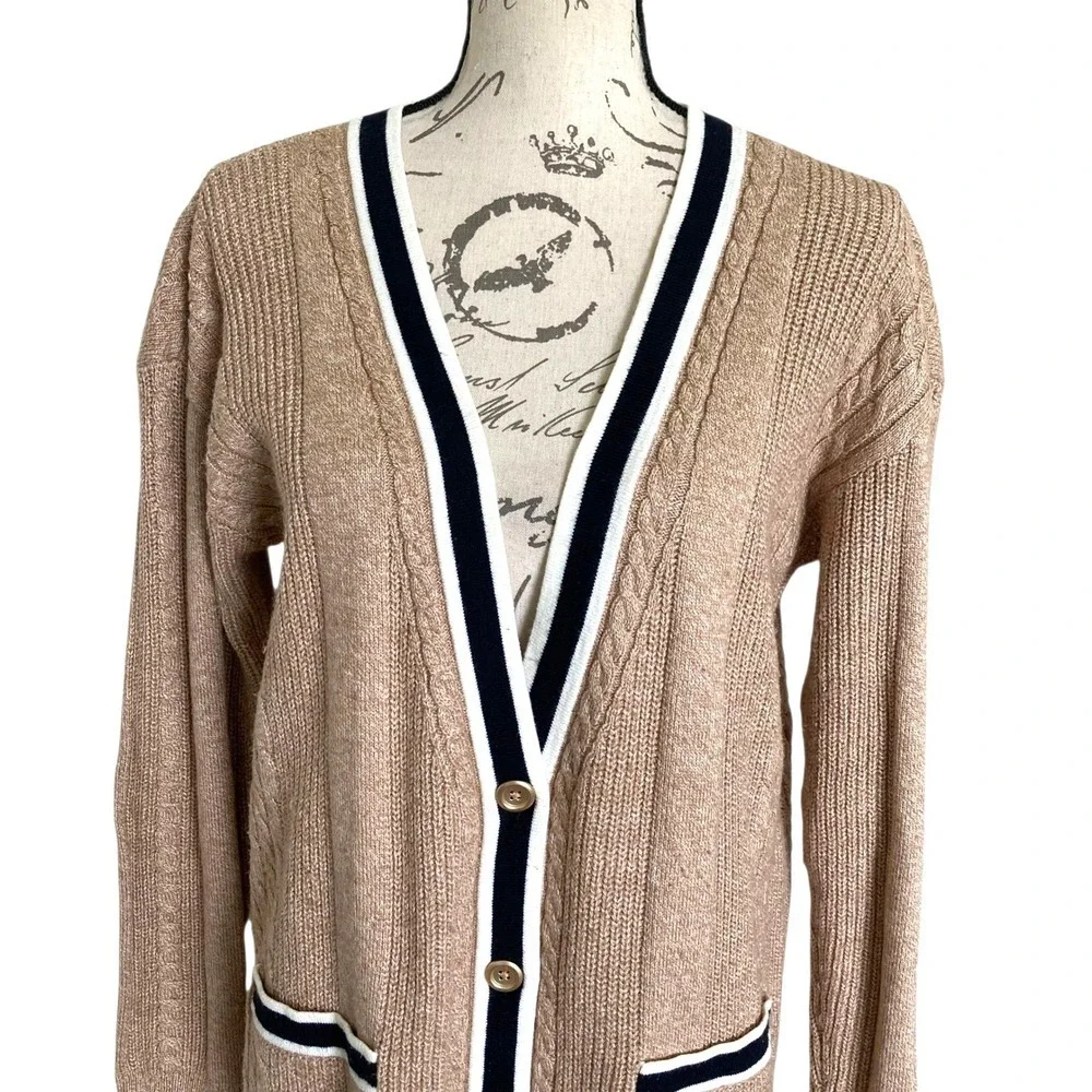 Talbots Cable Knit long Cardigan Sweater Size M Button down Cotton Preppy Tipped - Picture 5 of 17